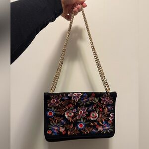 Black Boho Style Shoulder Bag with Colourful Floral Embroidery